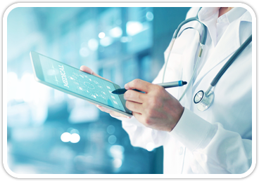 A doctor is using a tablet with the word medical on it